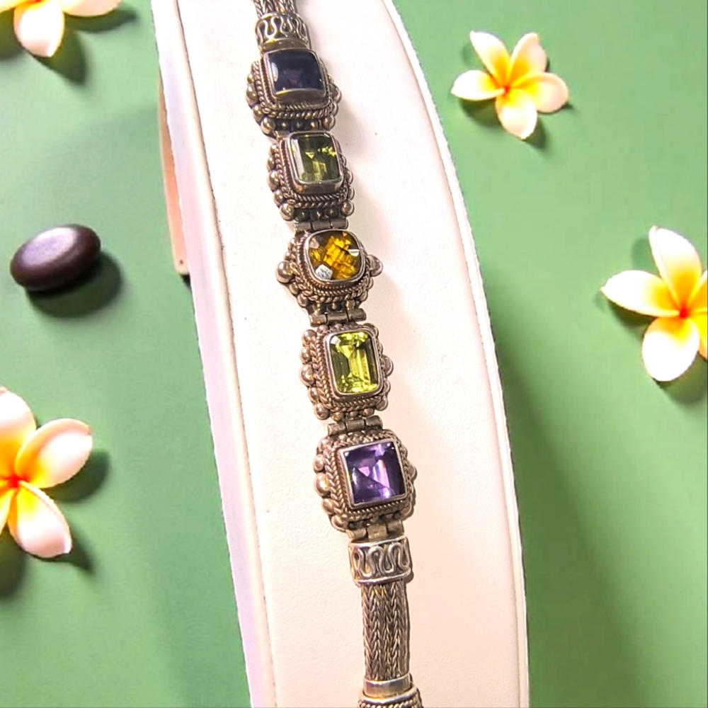 Vintage Suarti Bali Mixed Gemstone And Sterling Silver Toggle Bracelet